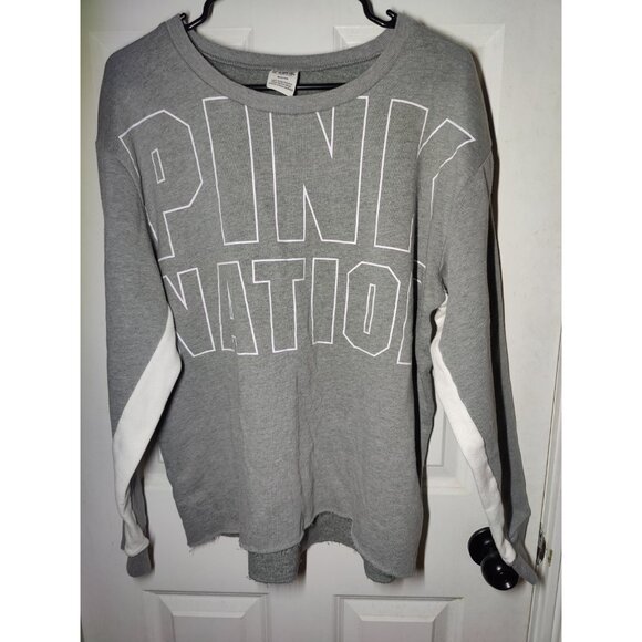 PINK Victoria's Secret Gray White Pullover Sweatshirt Raw Hem Logo M - Picture 3 of 6